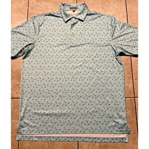 Peter Millar Shirt Mens L Blue Summer Comfort Fly Fishing Lure AOP Golf Polo